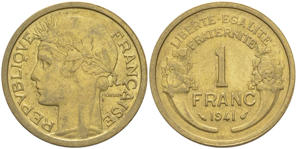 ФРАНЦИЯ 1 ФРАНК 1941 ТИП MORLON KM 885, LE FRANC 219.12 алюминиевая бронза 3853-227