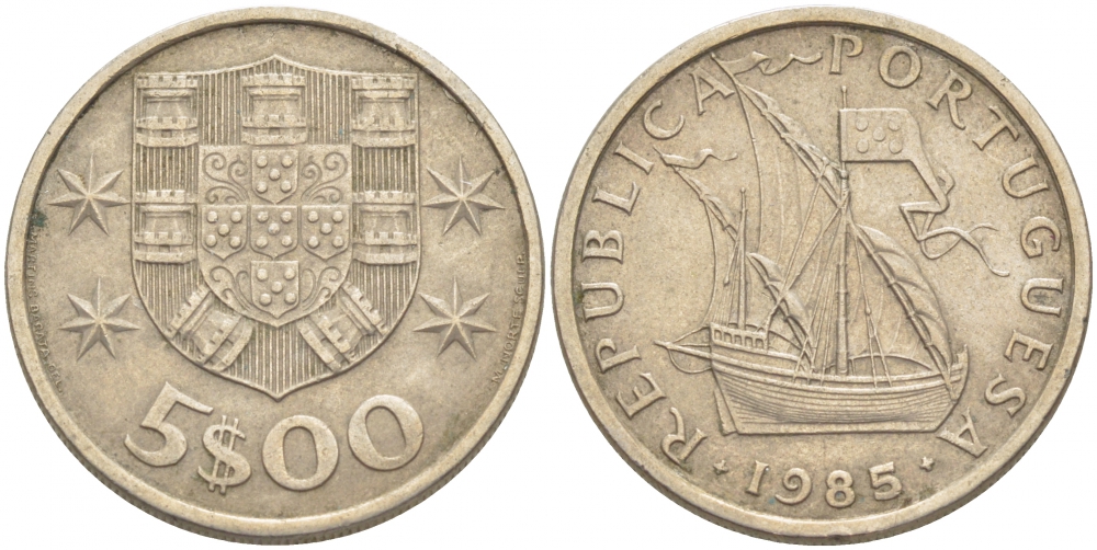 Португалия 5 эскудо 1985 парусник KM 591 медно-никель 86-612