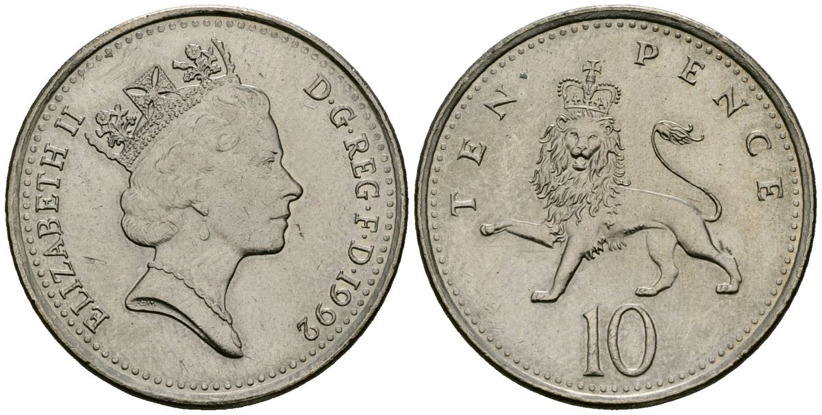 Великобритания 10 пенсов 1992 Елизавета II (1952-2022) KM 938b, Spink 4367 (F4) медно-никель 4545-911