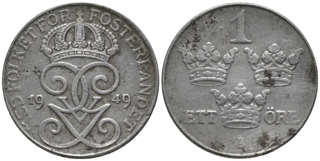 Швеция 1 эре 1949 Густав V (1907-1950) KM 810 железо 57-1168