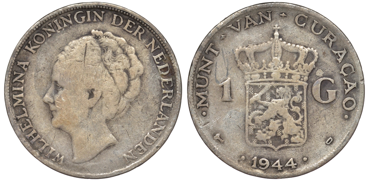 Нидерландское Кюрасао 1 гульден 1944 D, Вильгельмина (1890-1948) KM 45 серебро 36-327