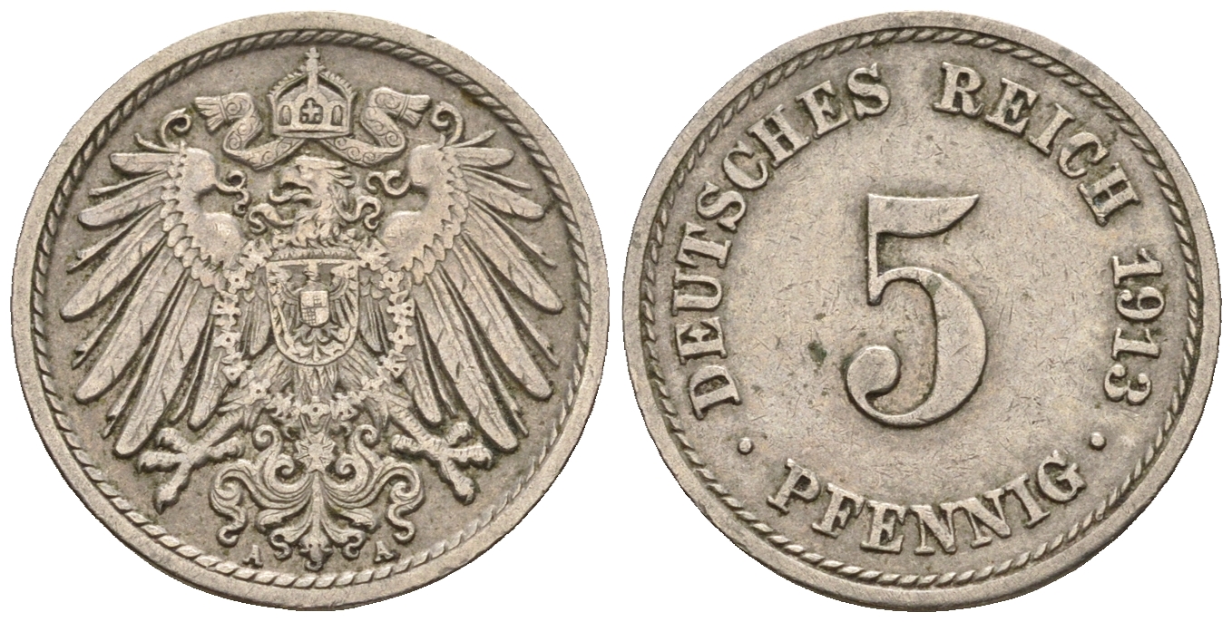 Германия 5 пфеннигов 1913 A, KM 11, J. 12 медно-никель 220-657