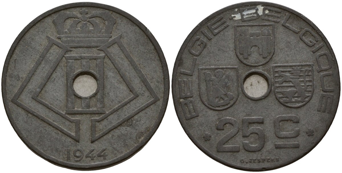 Бельгия 25 сантимов 1944 Belgie - Belgique, Леопольд III (1934-1947), германская оккупация, Вторая мировая война KM 132 цинк 4157-623
