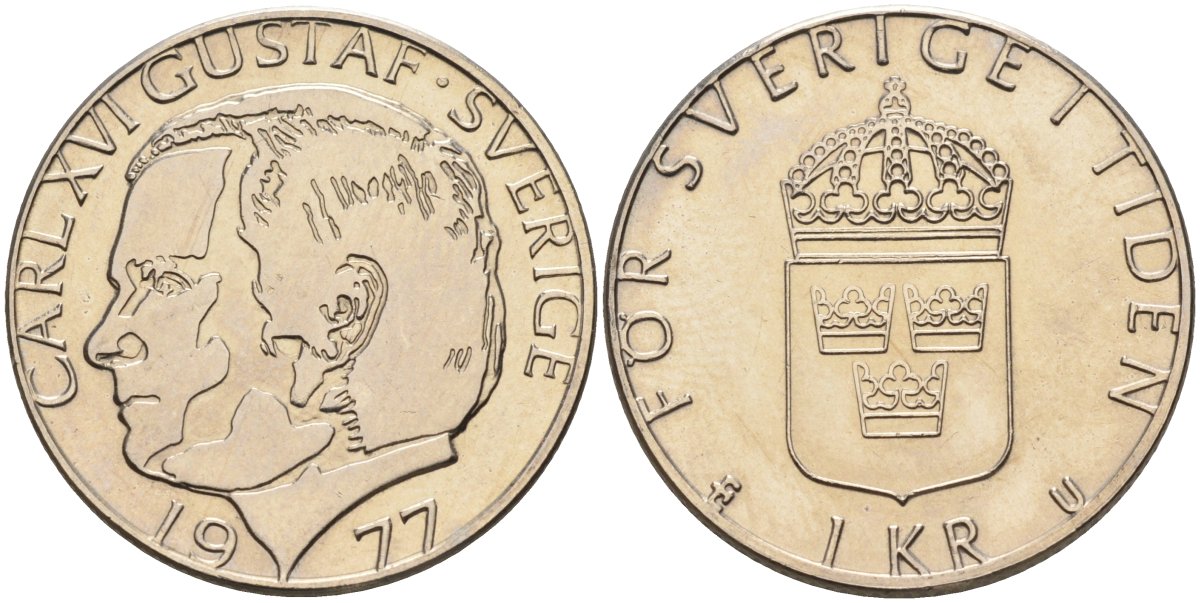 Швеция 1 крона 1977 Карл XVI Густав (1973- ) KM 852 медь плакированная медно-никелем UNC 4582-446