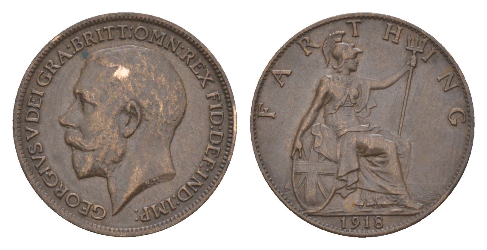 Великобритания 1 фартинг 1918 Георг V (1910-1936) KM 808.1, Spink 4059 бронза 4658-944