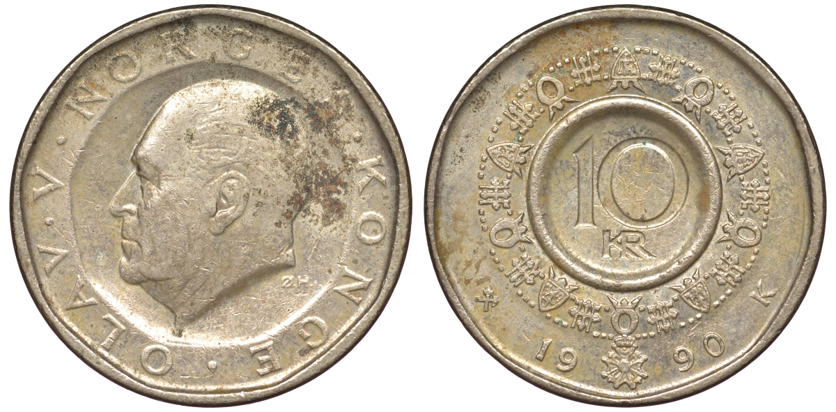 Норвегия 10 крон 1990 Улаф V (1957-1991) KM 427 медь цинк никель 25-2327