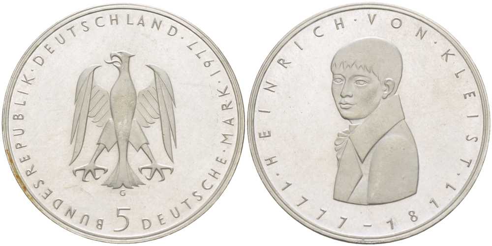 ФРГ 5 марок 1977 G, 200 лет со дня рождения Генриха фон Клейста KM 146, J. 421 серебро 180-1031