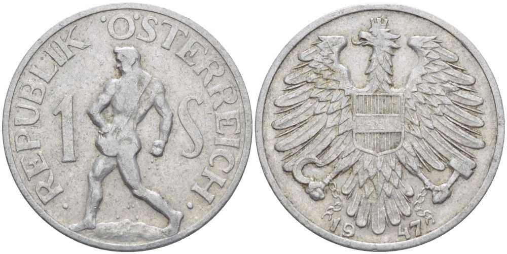 АВСТРИЯ 1 ШИЛЛИНГ 1947 KM 2871 алюминий 4402-255