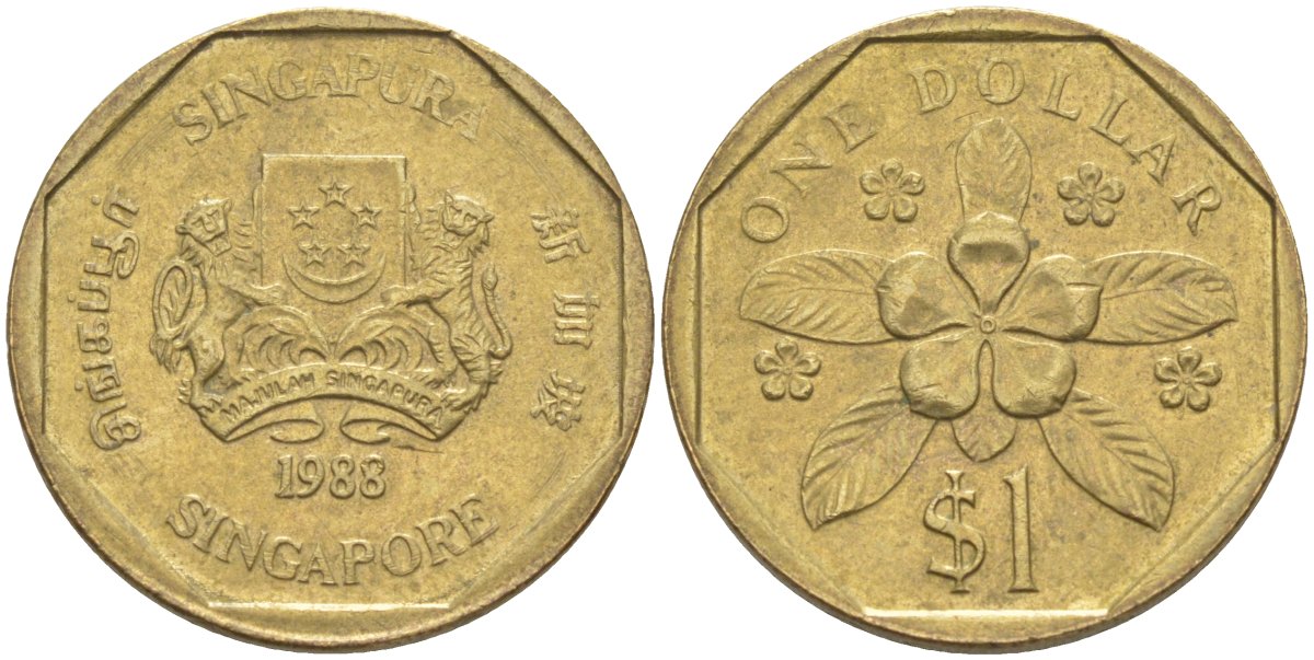 Сингапур 1 доллар 1988 барвинок KM 54b алюминиевая бронза 219-1022