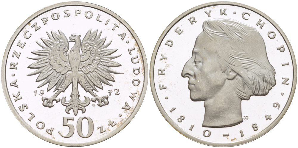 Польша 50 злотых 1972 MW, Фредерик Шопен (1810-1846) KM 66, Parchimowicz 256а серебро PROOF 1080-9-73