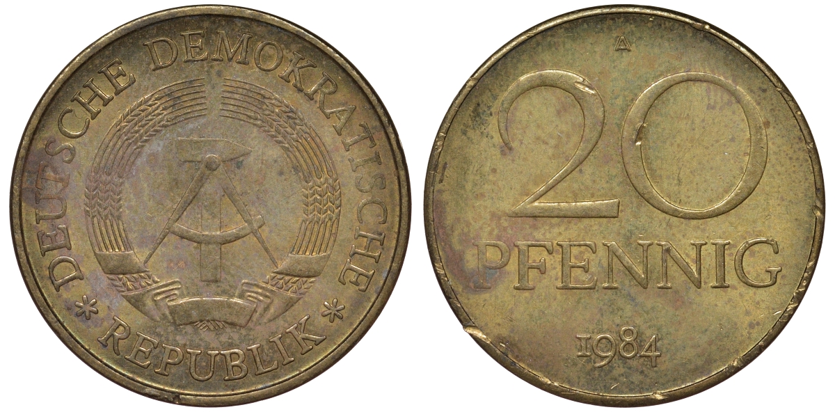 ГДР 20 пфеннигов 1984 А KM 11 латунь 62-1127