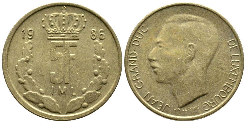Люксембург 5 франков 1986 Великий герцог Жан (1964-1999) KM 60.1 латунь 179-957
