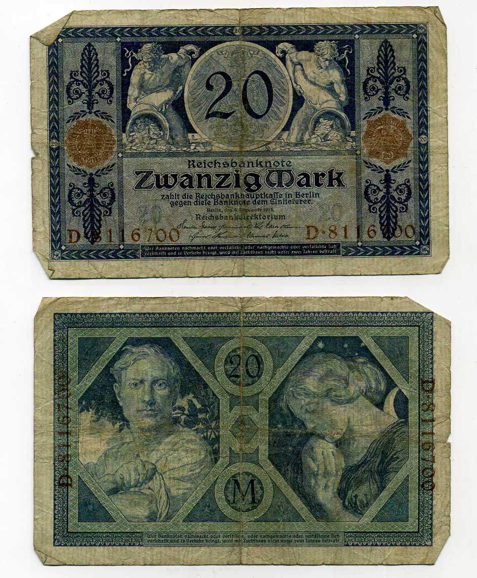 ГЕРМАНИЯ 20 МАРОК 1915 4 НОЯБРЯ 1915 Pick 63 бумага 6283-50-1