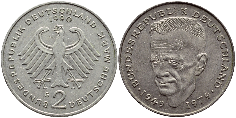 ФРГ 2 МАРКИ 1990 G, КУРТ ШУМАХЕР KM 149, J. 424 медно-никель плакированный никелем 79-1214