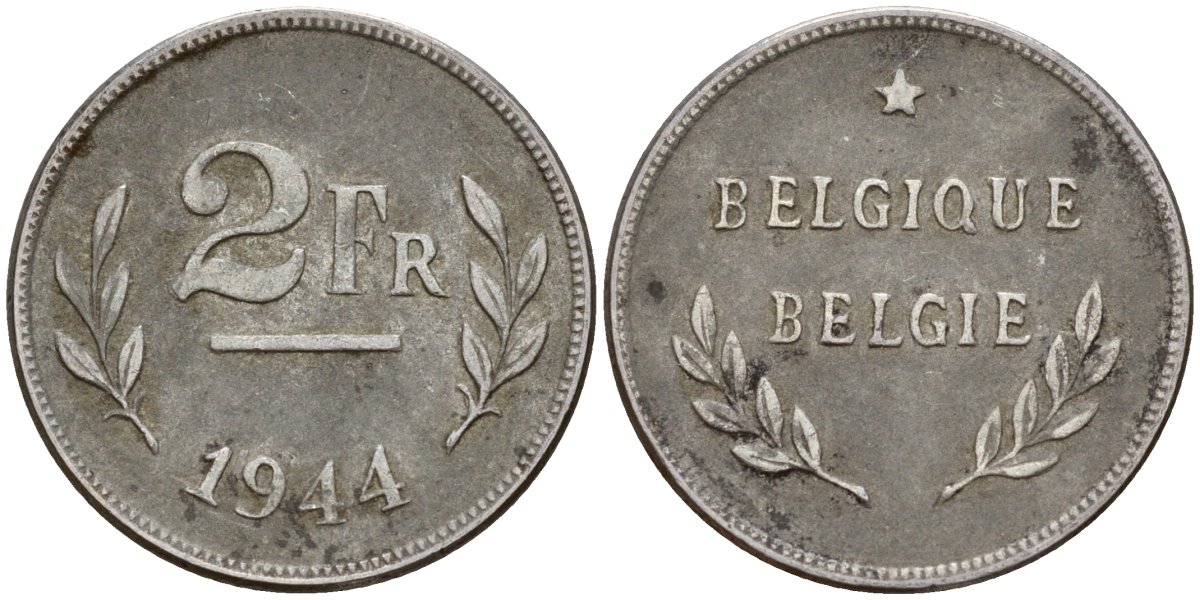 Бельгия 2 франка 1944 KM 133 сталь плакированная никелем 4179-642