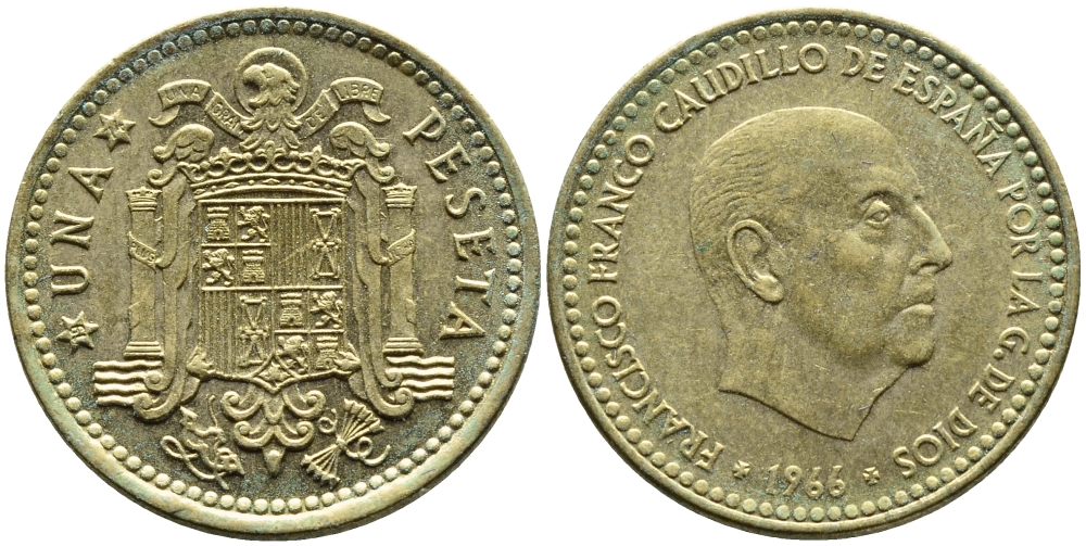 Испания 1 песета 1966 (74) Франсиско Франко (1939-1975) KM 796 алюминиевая бронза 4393-226