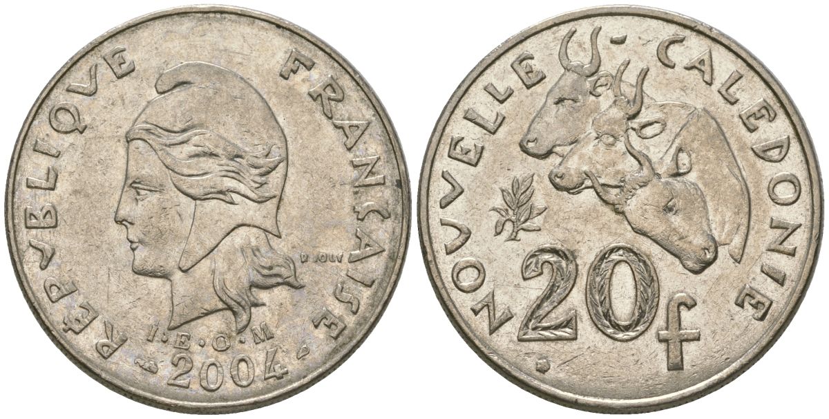 Французская Новая Каледония 20 франков 2004 три быка, (IEOM) KM 12, Schoen 14, Lec 15h никель 4131-714