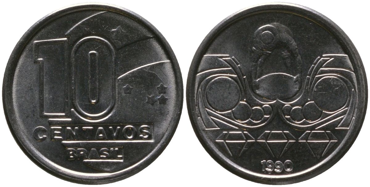 Бразилия 10 сентаво 1990 KM 613, Schon 122 нержавеющая сталь 4576-144