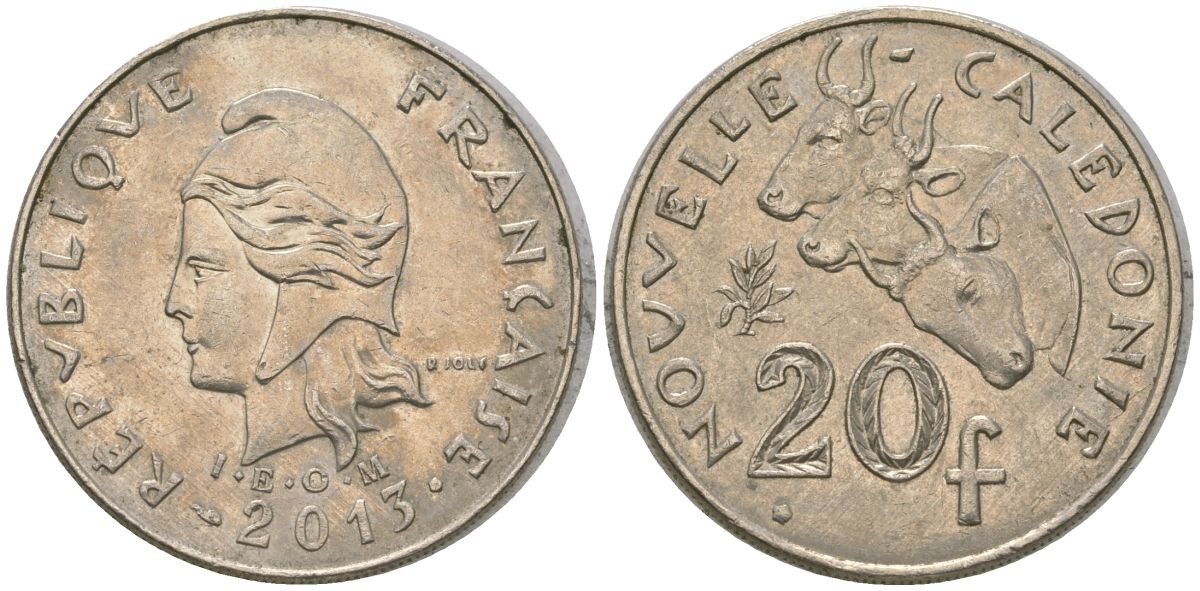Французская Новая Каледония 20 франков 2013 три быка, (IEOM) KM 12a, Schoen 14a медно-никель 4137-441