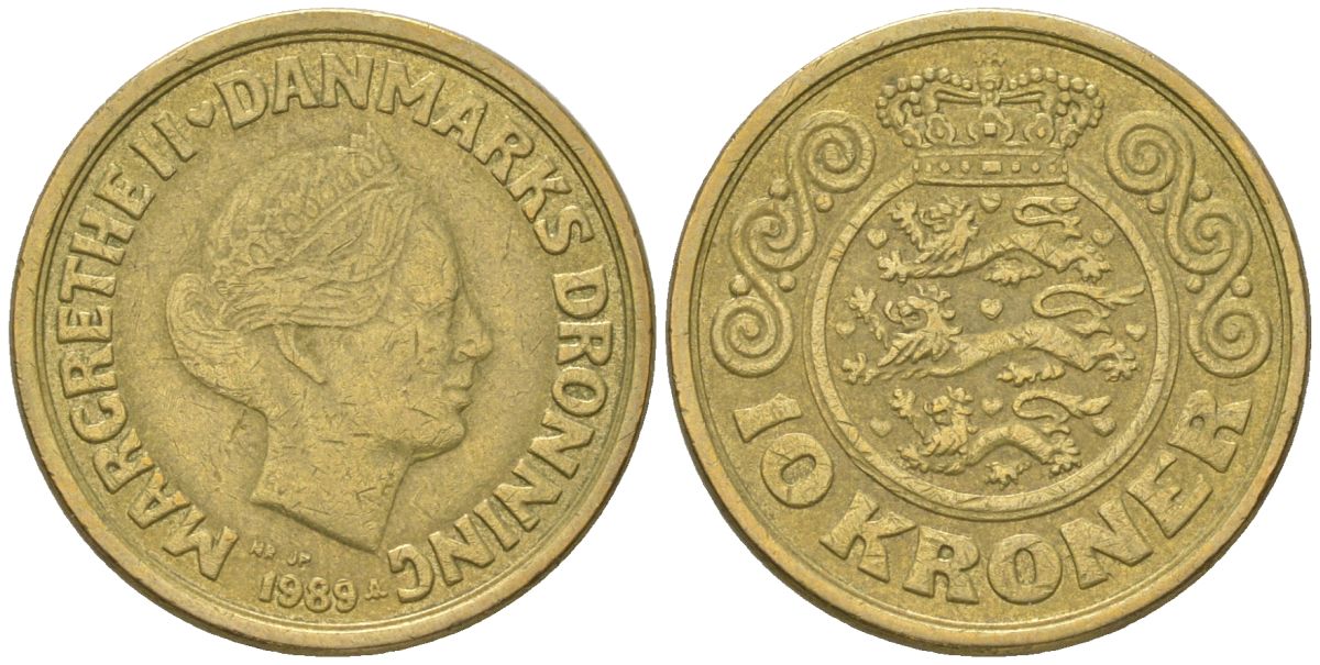 Дания 10 крон 1989 NR, Маргрете II (1972-2024) KM 867 алюминиевая бронза 4616-745