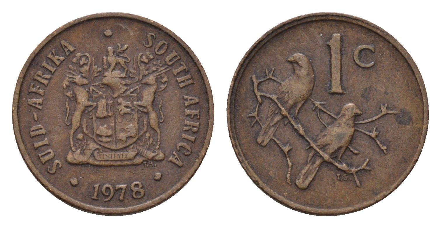 ЮАР 1 цент 1978 герб, капские воробьи, первый год KM 82 бронза 4643-246