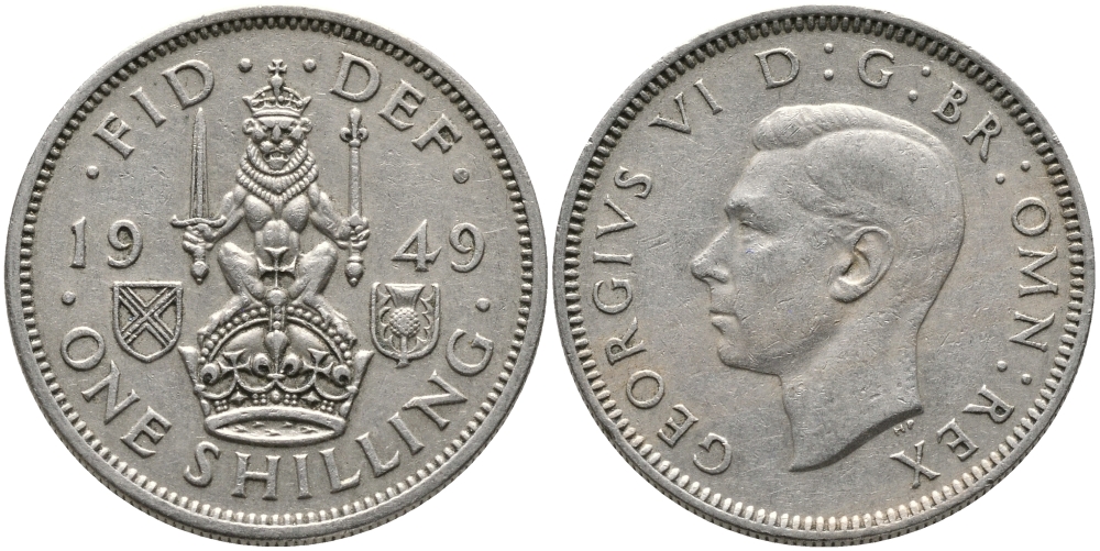 Великобритания 1 шиллинг 1949 Георг VI (1936-1952), Шотландский герб KM 877, Spink 4109 медно-никель 65-1017