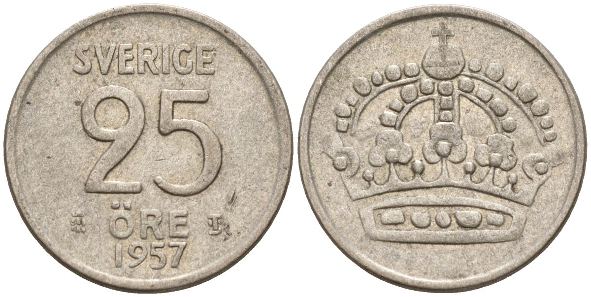 Швеция 25 эре 1957 TS, Густав VI Адольф (1950-1973) KM 824 серебро 4147-1054