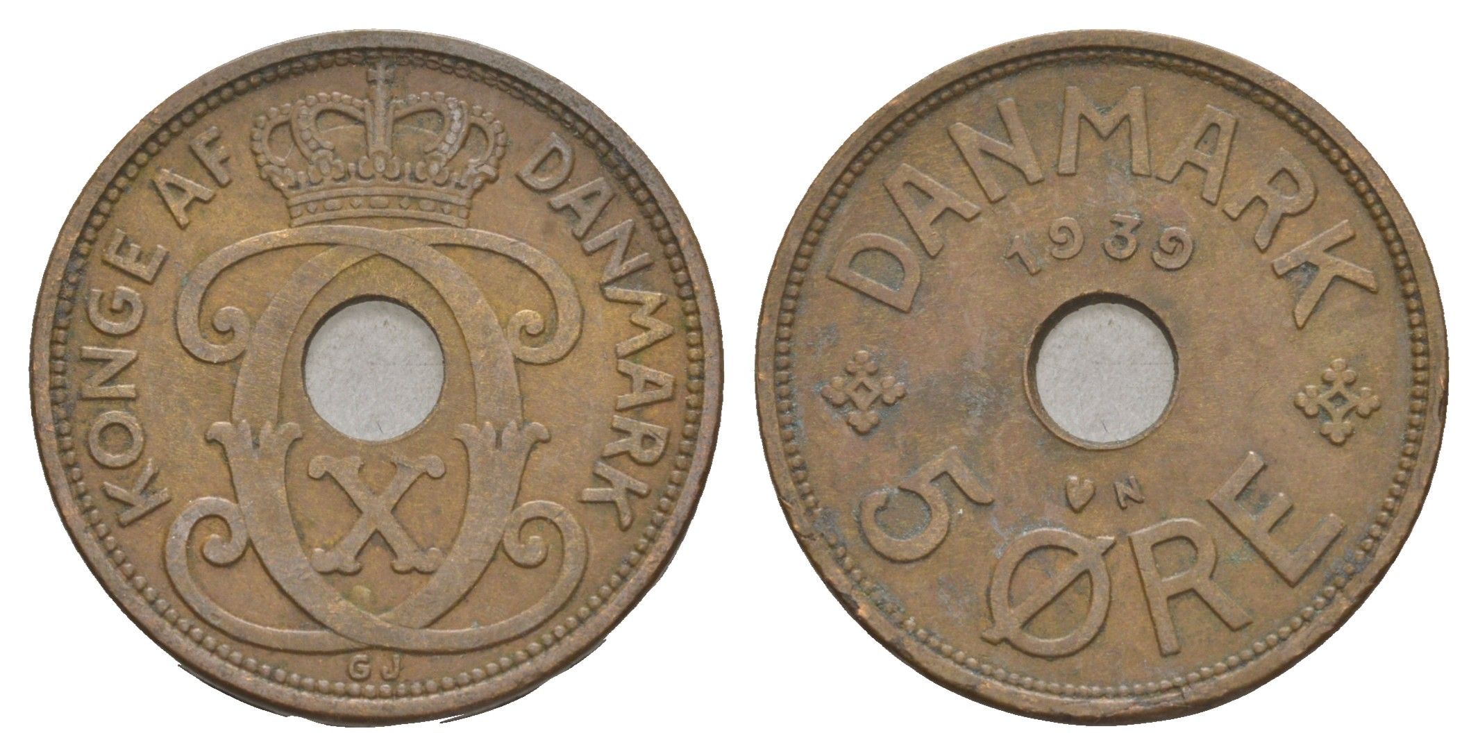 Дания 5 эре 1939 N, Кристиан X (1912-1947) KM 828 бронза 4657-253