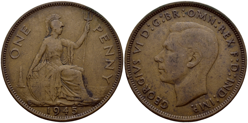 Великобритания 1 пенни 1945 Георг VI (1936-1952) KM 845, Spink 4114 бронза 36-141