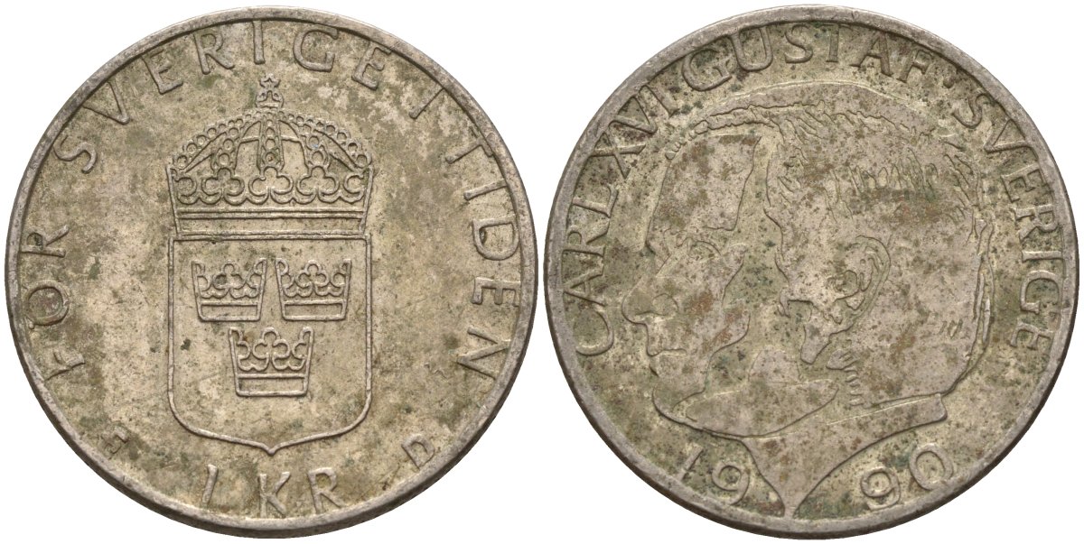 Швеция 1 крона 1990 D, Карл XVI Густав (1973- ) KM 852a медно-никель 4150-412
