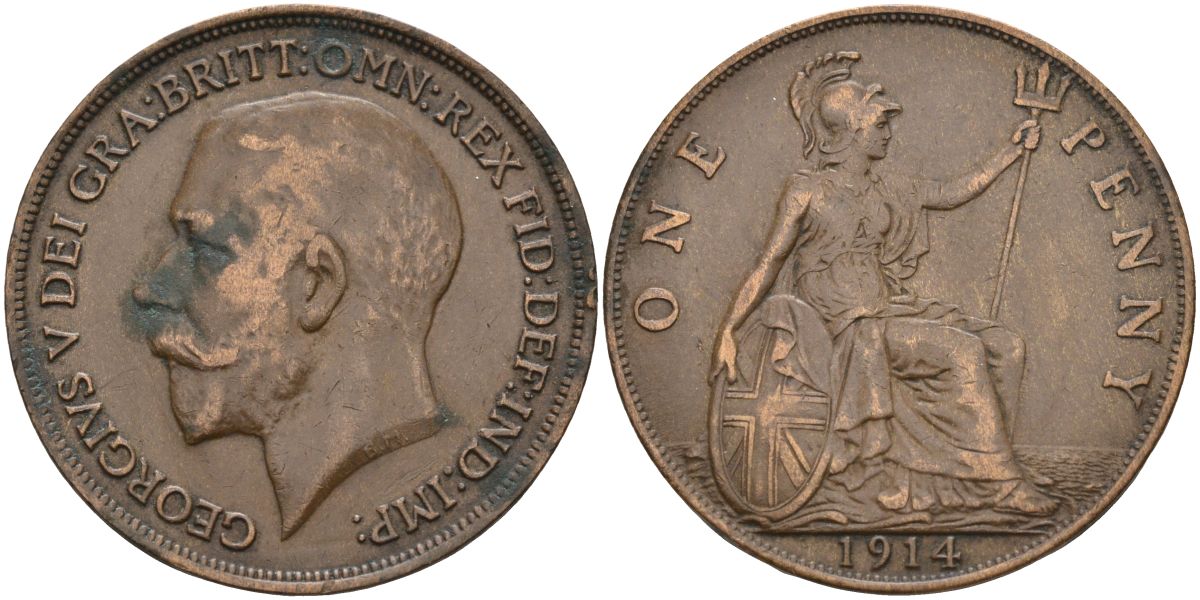 Великобритания 1 пенни 1914 Георг V (1910-1936) KM 810, Spink 4051 бронза 4117-743
