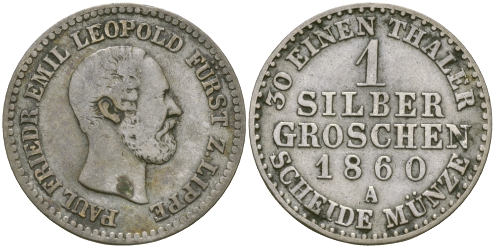 ЛИППЕ-ДЕТМОЛЬД 1 ГРОШ 1860 А, РАУЛЬ ФРИДРИХ ЭМИЛЬ ЛЕОПОЛЬД KM 265 серебро 99-863