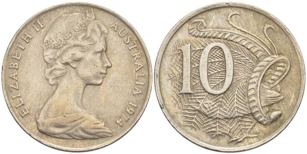 Австралия 10 центов 1974 Елизавета II (1952-), птица лирахвост KM 65 медно-никель 4382-943