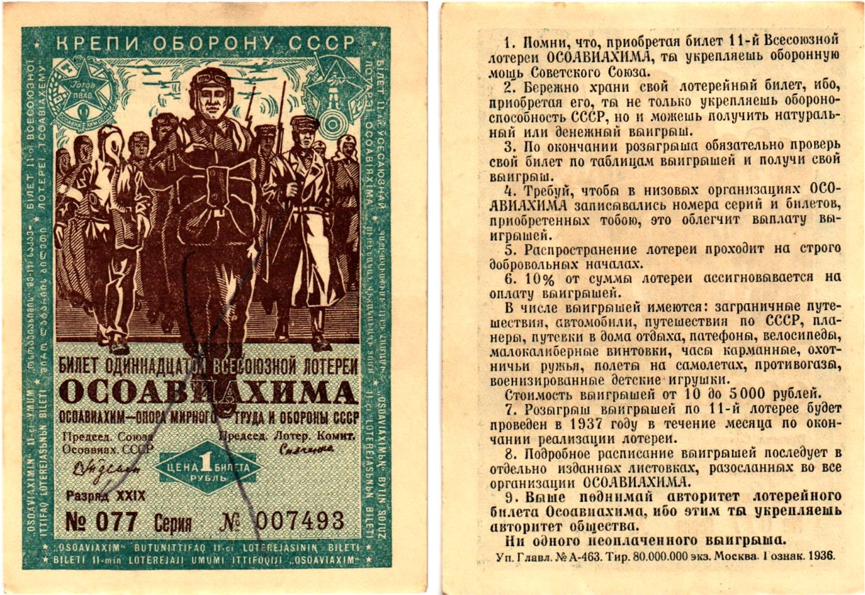 СССР 1 рубль 1936 Одиннадцатая всесоюзная лотерея Осоавиахима 2196-8-1-2