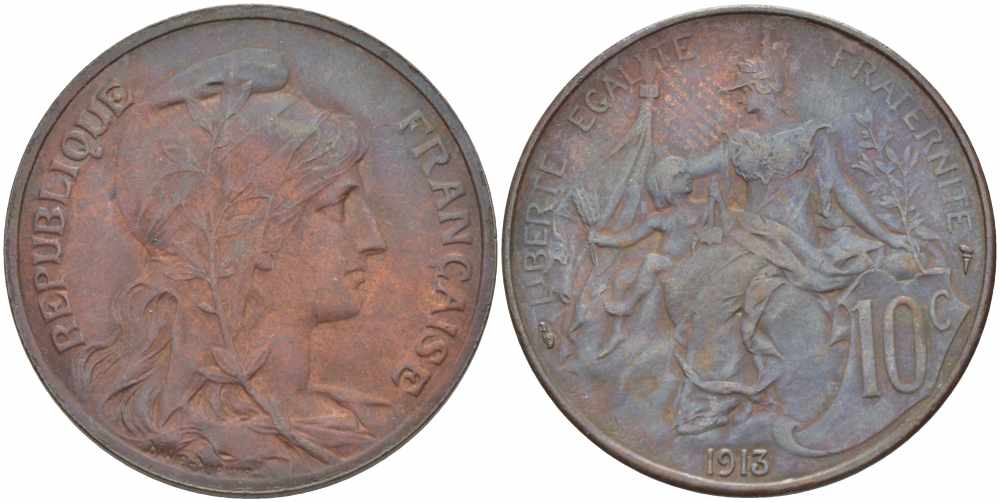 ФРАНЦИЯ 10 САНТИМОВ 1913 ТИП ДАНИЭЛЬ ДЮПЮИ KM 843, LA FRANC 136.23 бронза 109-323