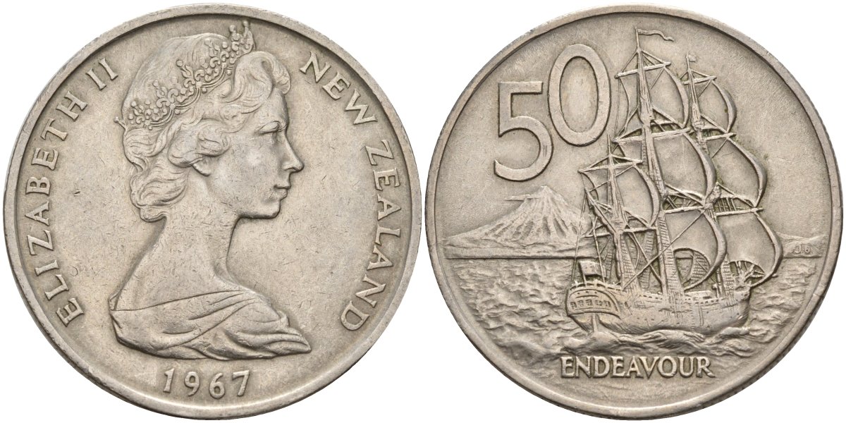 Новая Зеландия 50 центов 1967 Елизавета II (1952-2022), парусник Индевор KM 37.1 медно-никель 4537-112