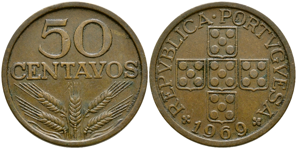 ПОРТУГАЛИЯ 50 СЕНТАВО 1969 KM 596 бронза 4388-645