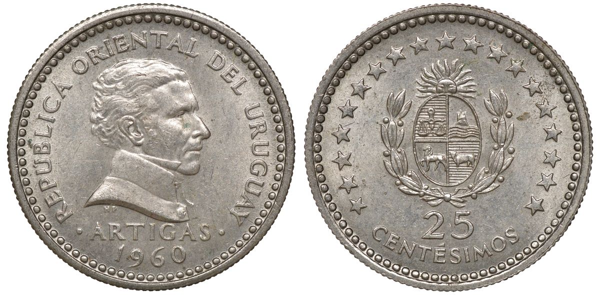Уругвай 25 сентесимо 1960 KM 40 медно-никель 4169-826