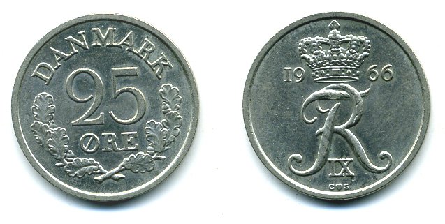 ДАНИЯ 25 ЭРЕ 1966 KM 850 медно-никель 04-927