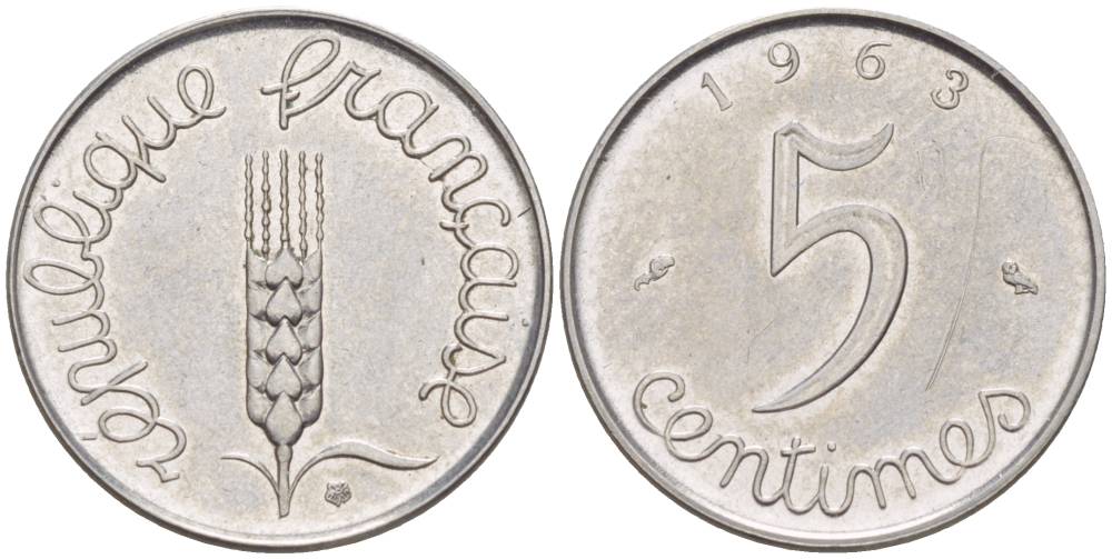 ФРАНЦИЯ 5 САНТИМОВ 1963 KM 927 нержавеющая сталь 4549-244