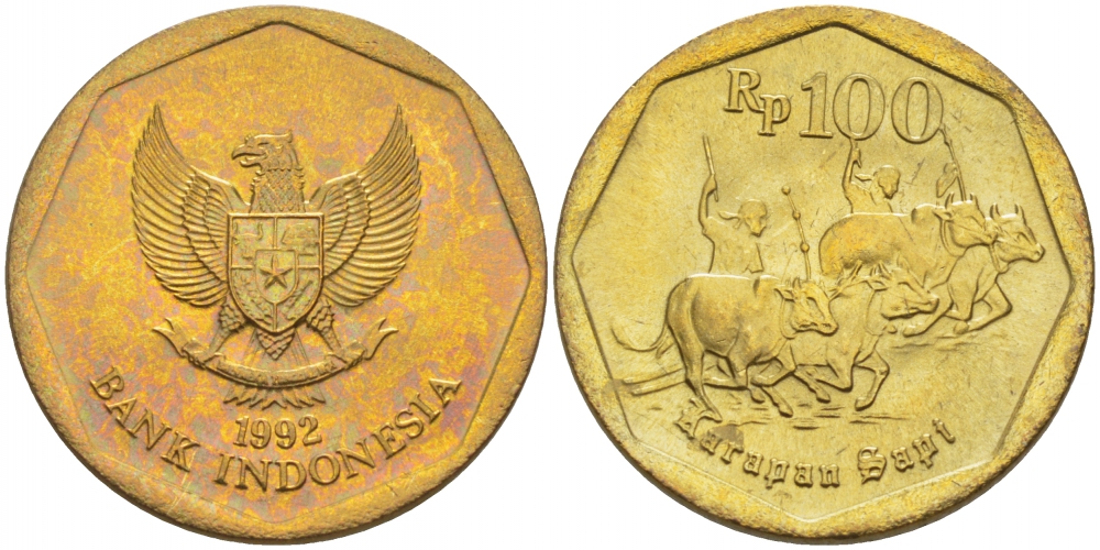 Индонезия 100 рупий 1992 гонки на быках KM 53 алюминиевая бронза UNC 3457-612