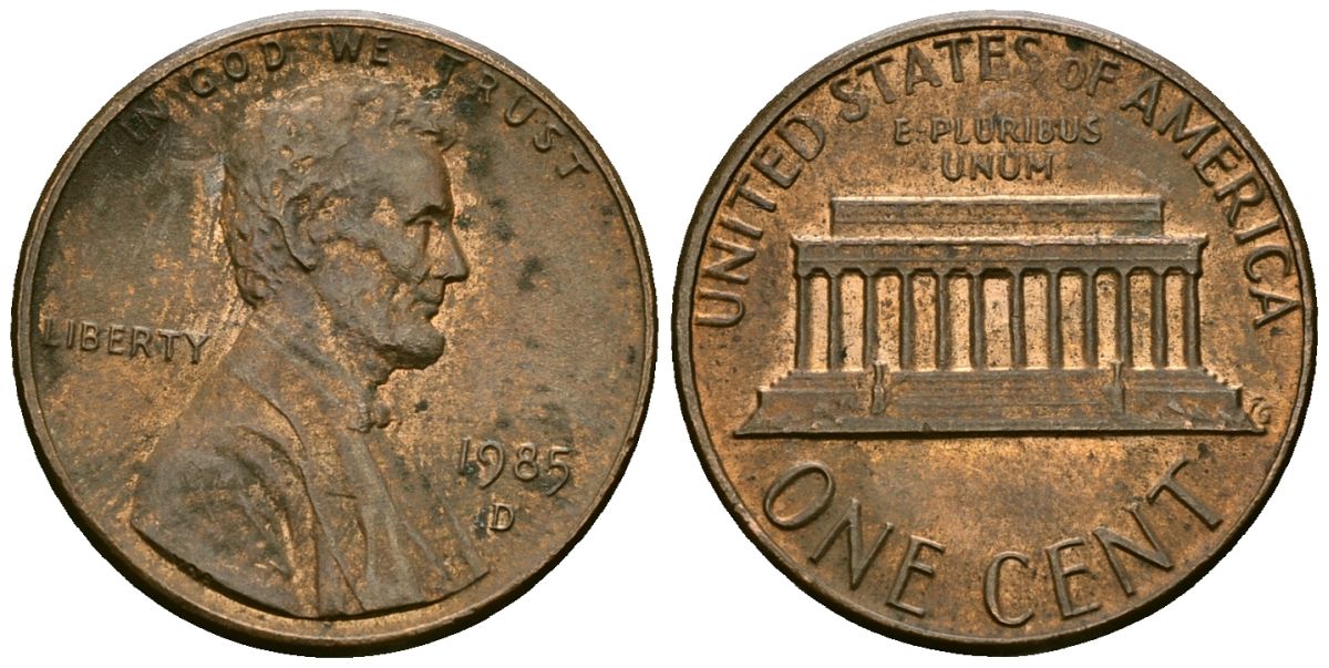 США 1 цент 1985 D, Линкольн KM 201b цинк плакированный медью 4136-261