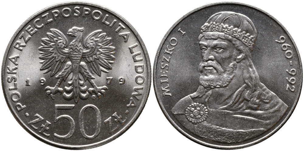 ПОЛЬША 50 ЗЛОТЫХ 1979 MW, СЕРИЯ ПОЛЬСКИЕ КОРОЛИ, МЕШКО I (960-992) KM 100 медно-никель UNC 441-543