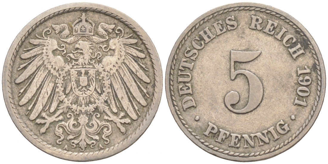 ГЕРМАНИЯ 5 ПФЕННИГОВ 1901 A, KM 11, J. 12 медно-никель 73-662