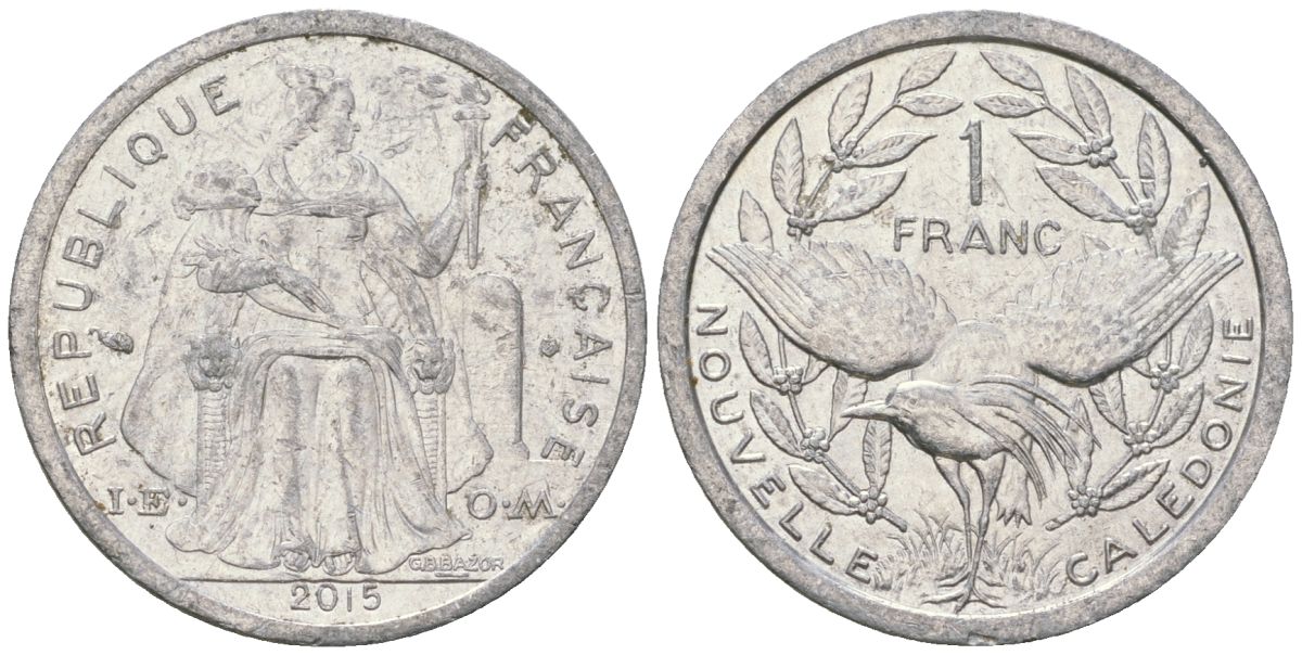 Французская Новая Каледония 1 франк 2015 птица кагу, (IEOM) KM 10, Schoen 10 алюминий 33-634