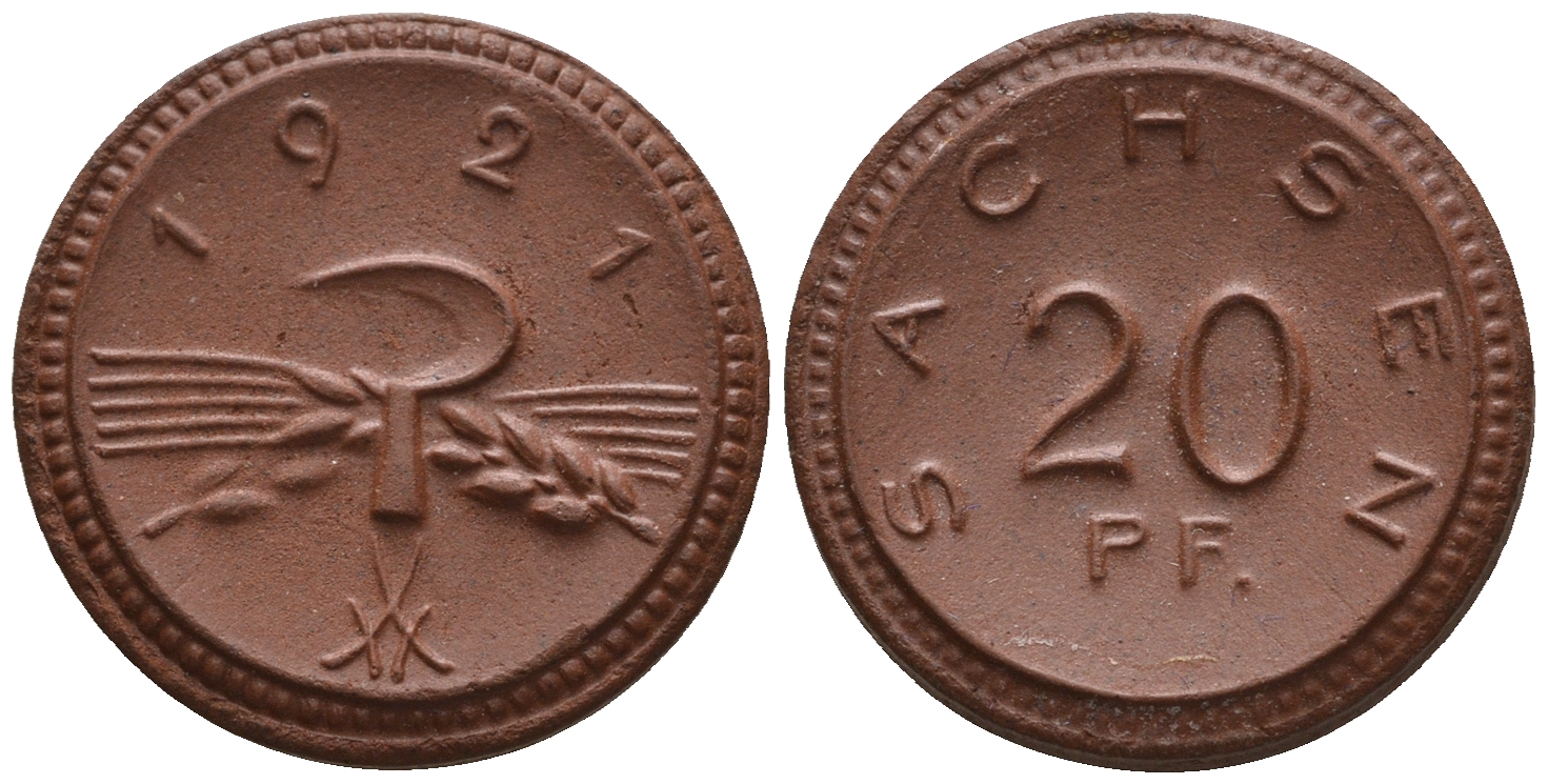 Саксония 20 пфеннигов 1921 колосья и серп J. N 53 фарфор UNC 1094-8-74