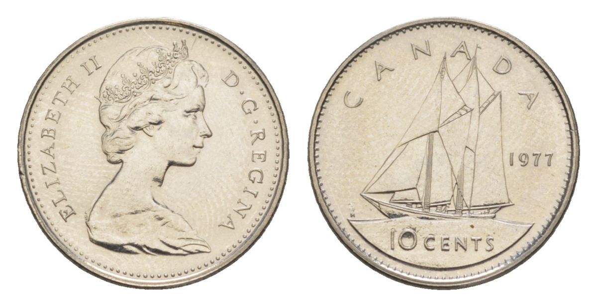 Канада 10 центов 1977 Елизавета II (1952-2022), парусник KM 77 никель PROOF-LIKE (BU) 4630-967