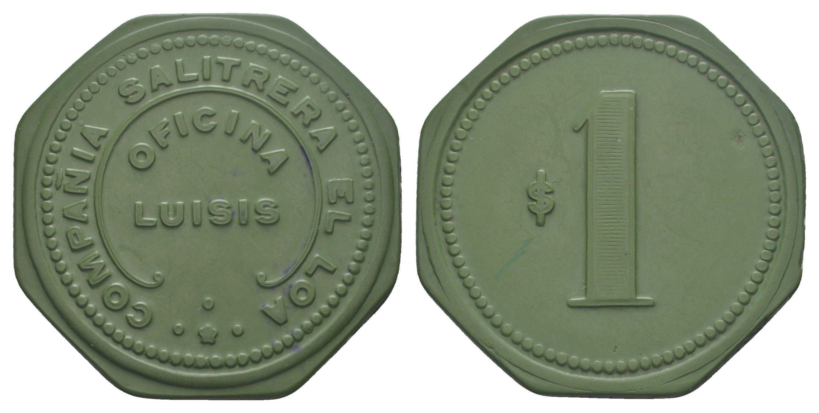 Чили, Луизис (Luisis), Антофагаста шахтерский жетон с Селитряного рудника для покупки в местных магазинах, номиналом в 1 песо около 1905 размер 42x42 мм, вес 5,06 гр Espinosa 189.6 эбонит (зеленый) 01-239-14