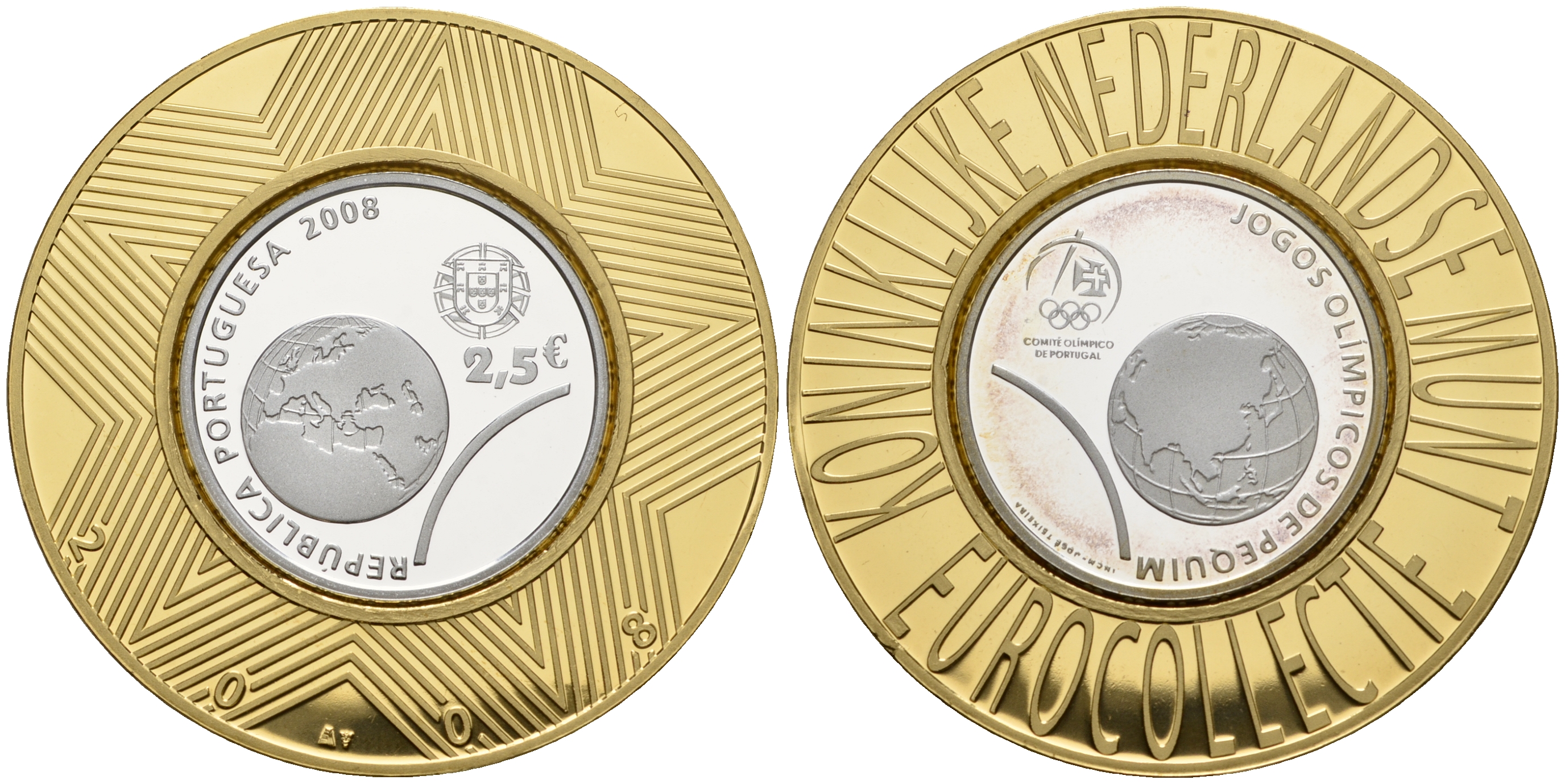 Португалия 2 1/2 евро 2008 XXIX Летние Олимпийские игры 2008 года в Пекине, земной шар, коллекция Нидерландского монетного двора KM 790a серебро PROOF 11-060-32