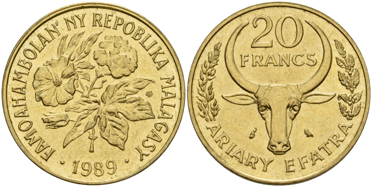 Мадагаскар 20 франков 1989 KM 12 алюминиевая бронза UNC 4604-824